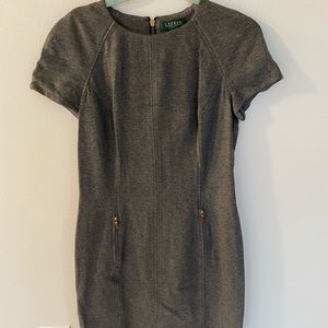 Lauren Ralph Lauren grey dress with brown leather zipper accents. Size 10. EUC.